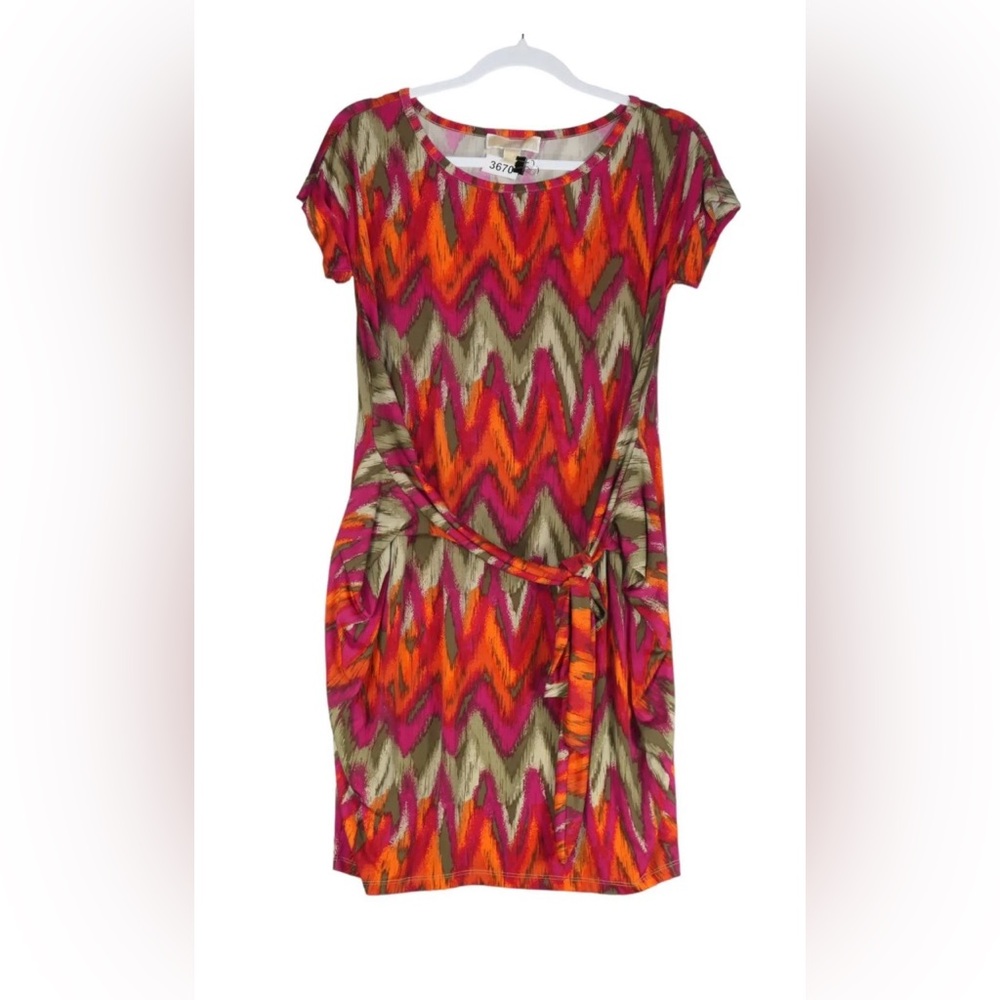 Michael Kors Dress Womens Size L Red Multi Chevron Attached Sash Belt